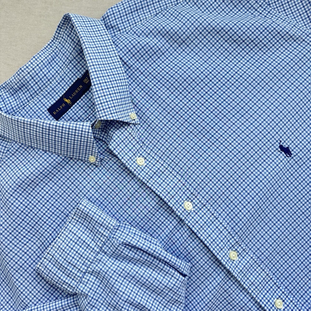 Ralph Lauren Mens 3XLT Gingham Button Down Shirt Blue White Long Sleeve Tall